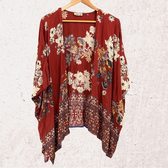 Lola P. Sweaters - Lola Floral Kimono Cardigan - Red and White